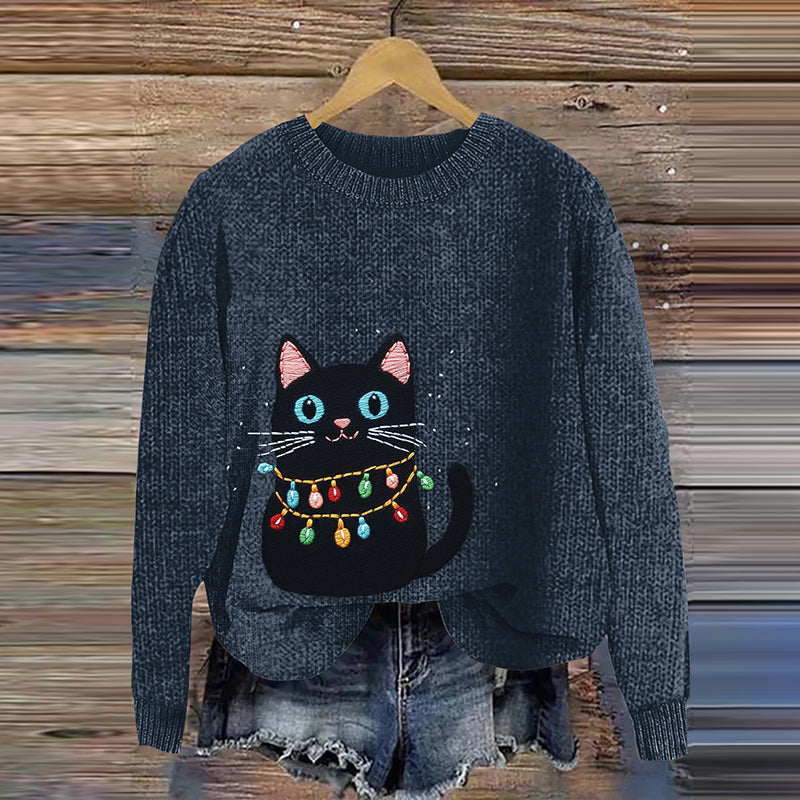 Women's Christmas Color Block Cute Cat Art Cozy Sweater elevenforest