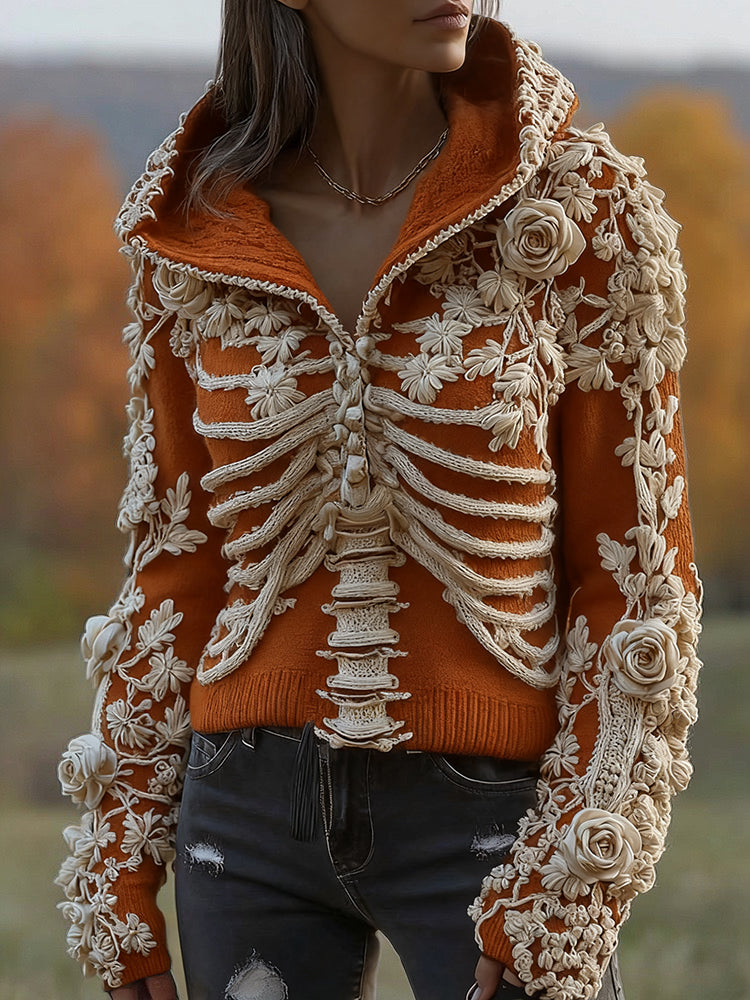 Women's Halloween Skeleton Bones With Floral Art Knitted Warm Hooded Sweater artswardrobe