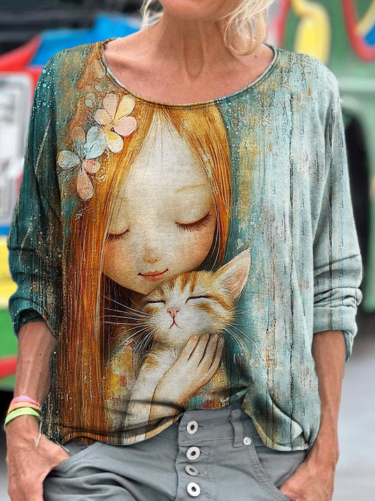 Cat Lover Girl With A Cat Gradient Art T Shirt elevenforest