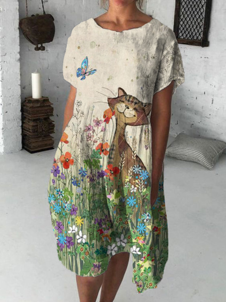 Country Cat & Butterfly Art Flowy Midi Dress elevenforest
