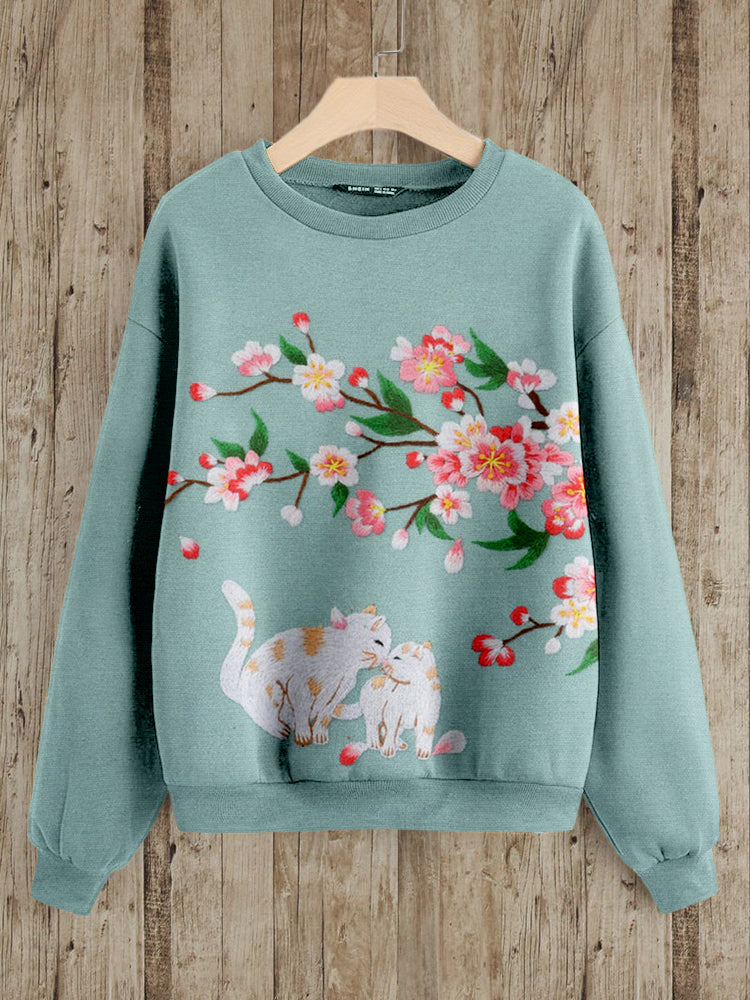 Cute Cat & Flower Embroidered Cozy Sweatshirt elevenforest
