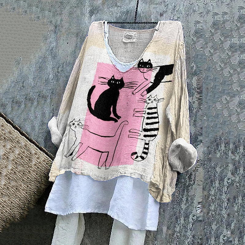 Women's Line Cat Art Cotton And Linen Long Sleeve T-shirt elevenforest