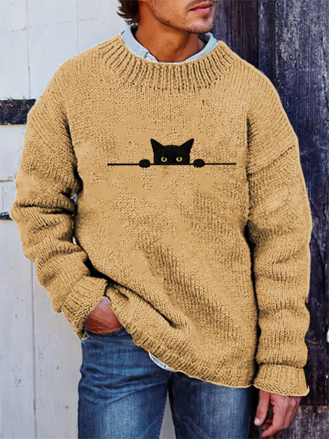 Men's Casual Funny Black Cat Print Sweater elevenforest
