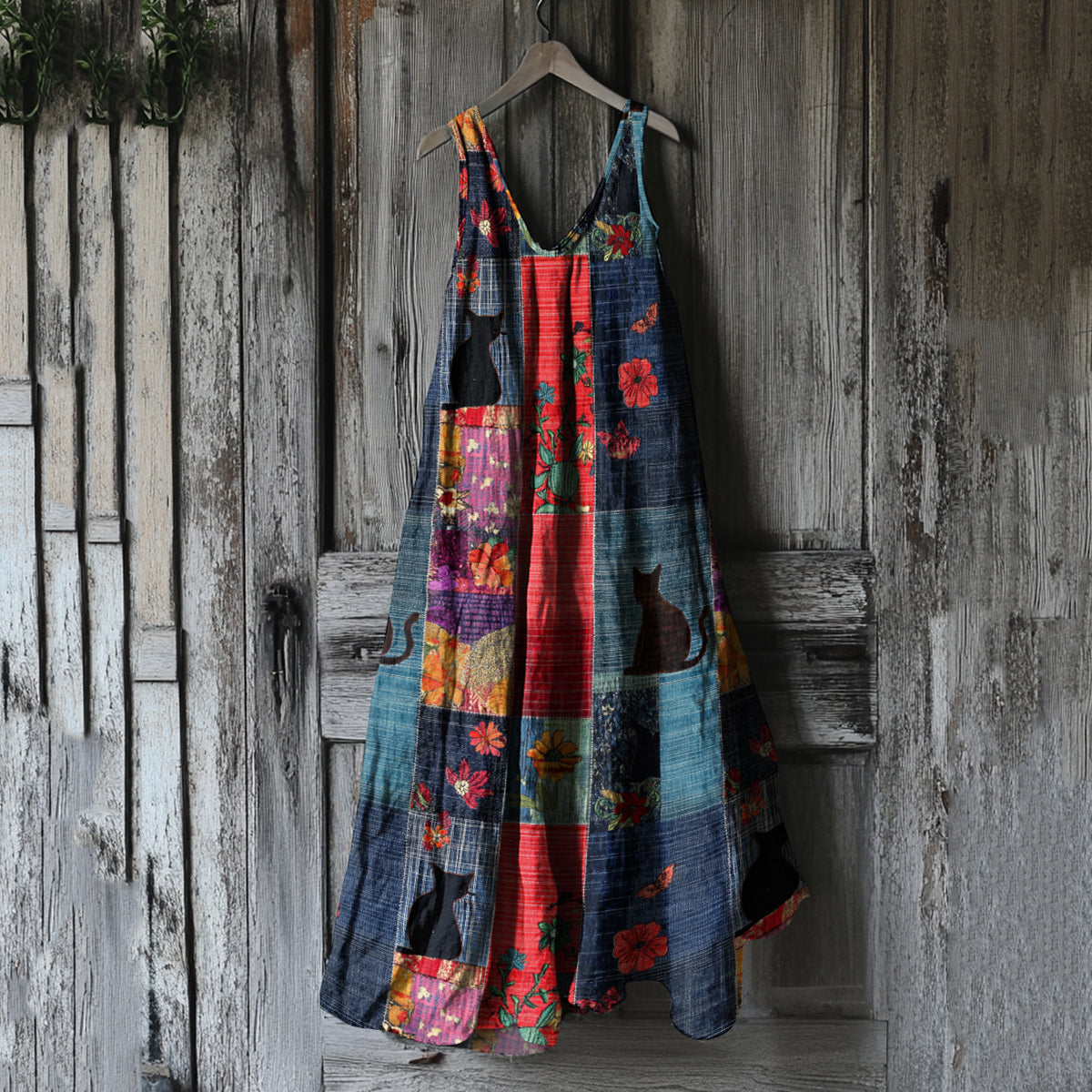 Women's Vintage Cat Floral Patchwork Art Linen Tank Dress elevenforest