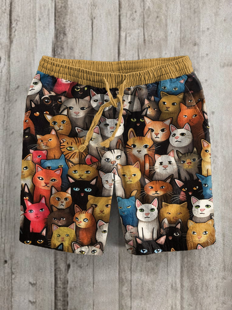Cute Cats Print Linen Blend Casual Shorts elevenforest