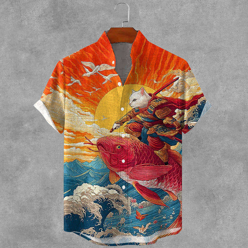 Men's Warrior White Cat Riding A Koi Japanese Art Print Short Sleeve Shirt elevenforest