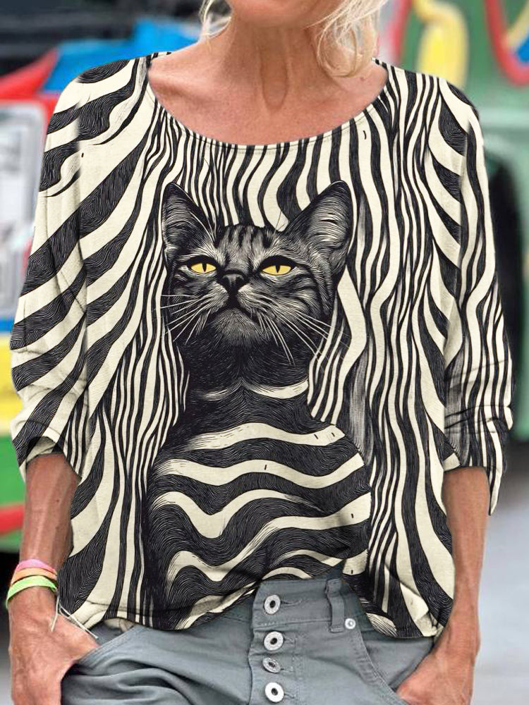 Vintage Striped Cat Pattern Women's Linen Shirt elevenforest