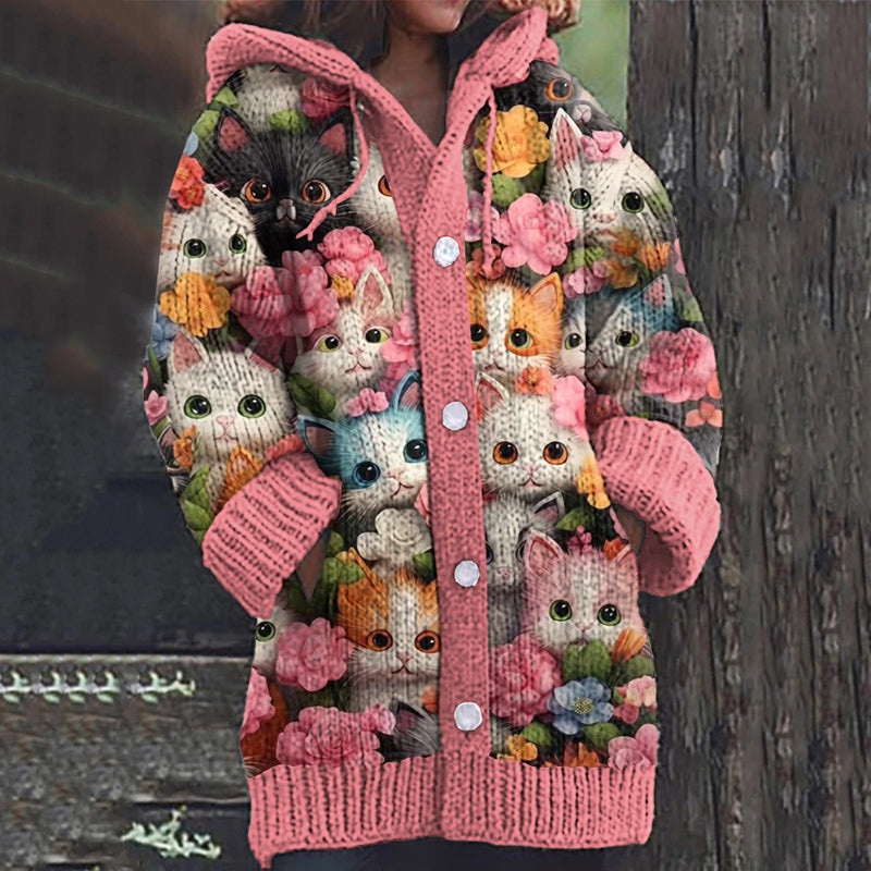 Vintage Cute Cats And Floral Art Button Cardigan Sweater elevenforest