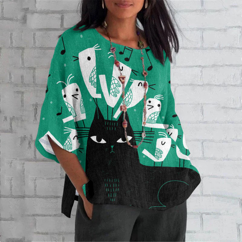 Musical Black Cat Print Women's Round Neck T-Shirt elevenforest