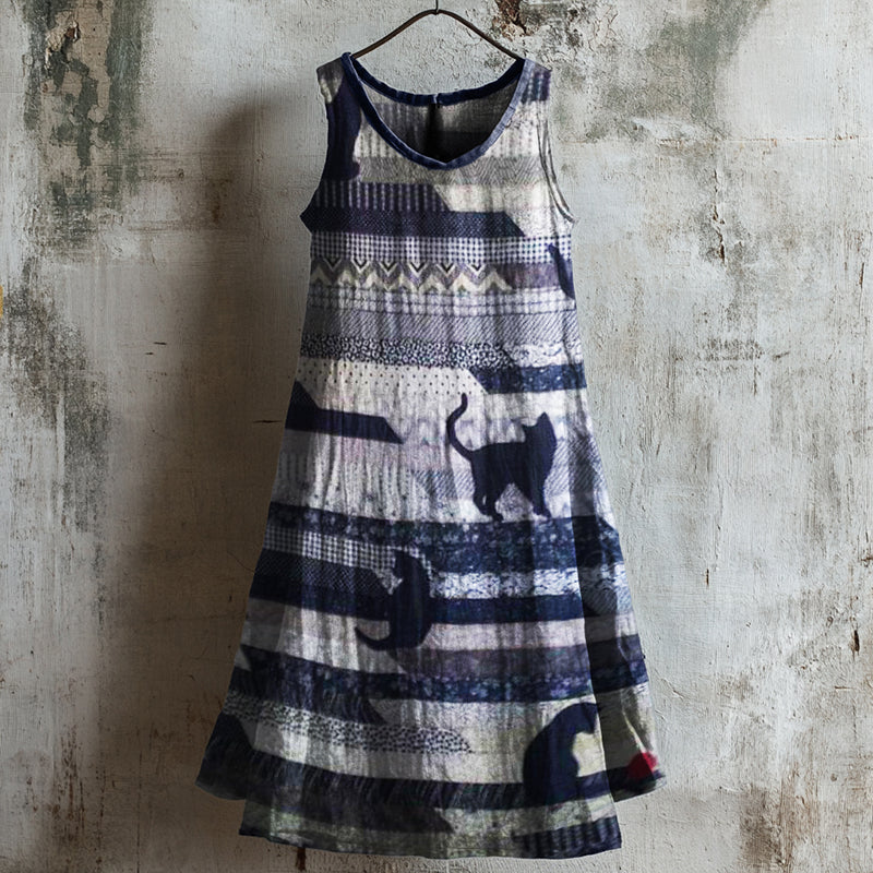 Cats Patchwork Textile Linen Tank Dress elevenforest