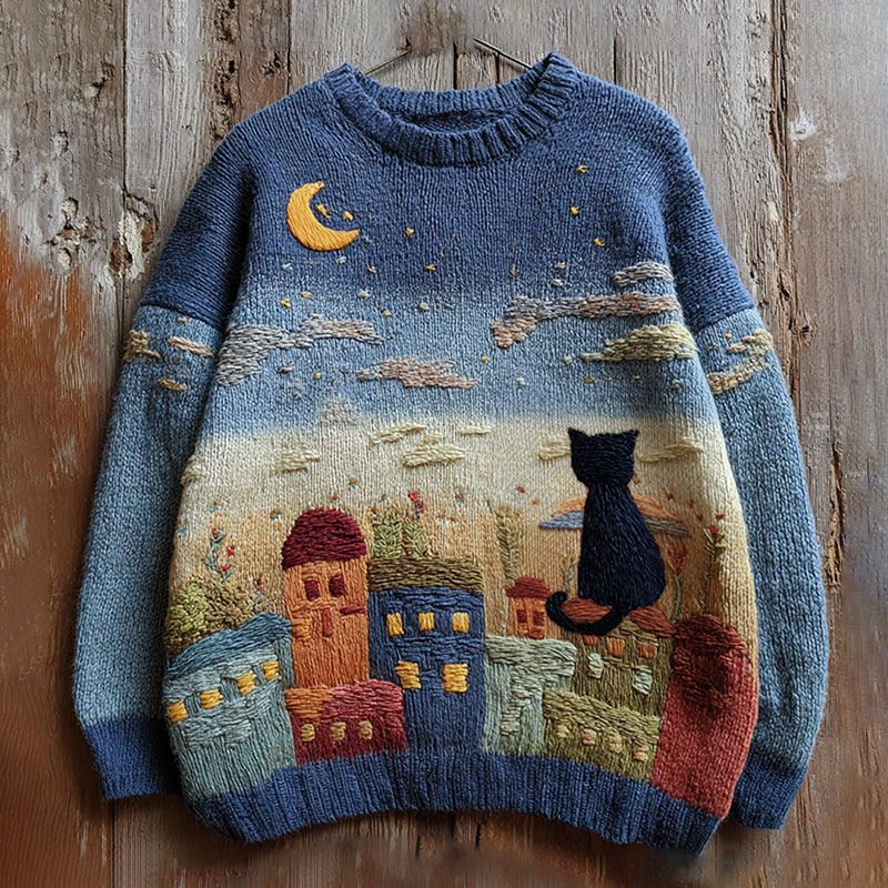 Vintage Fairytale Cottage With Lovely Cute Black Cat Inspired Embroidered Cozy Knit Sweater elevenforest