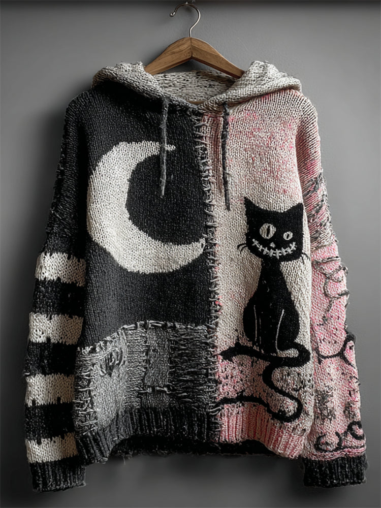 Halloween Black Cat & Moon Contrast Patchwork Cozy Knit Hooded Sweater elevenforest