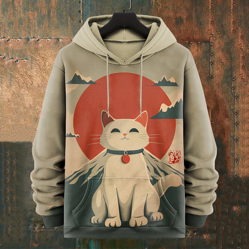 Men's Japanese Mount Fuji Art Cat Graphics Print Casual Hoodie elevenforest