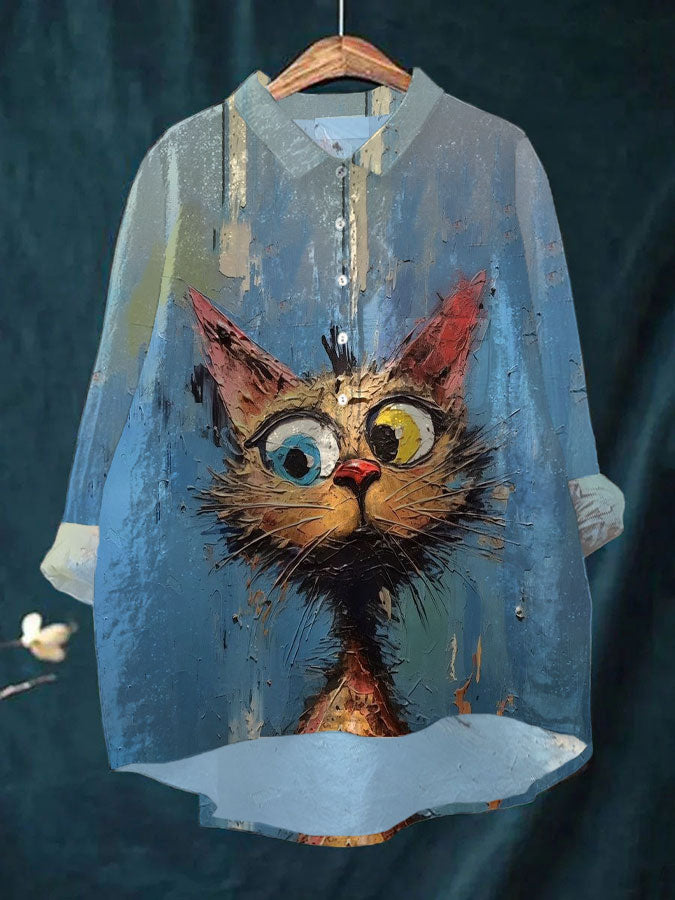 Women's Casual Cat Oil Painting Printed T-shirt elevenforest