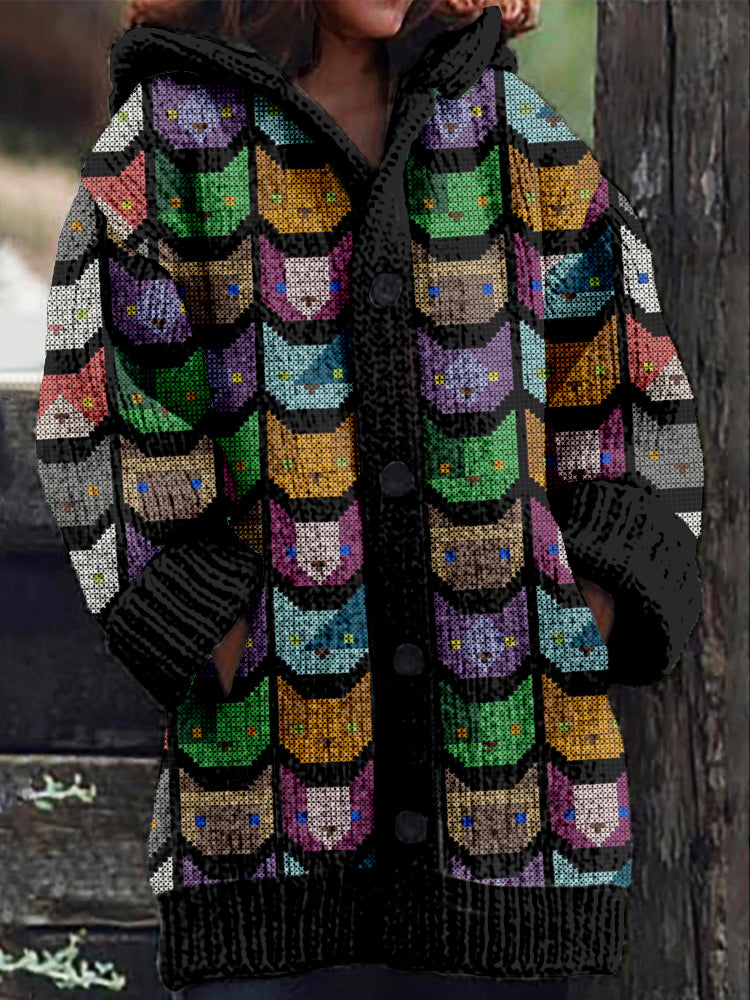 Cross Stitch Cat Pattern Cozy Hooded Cardigan elevenforest