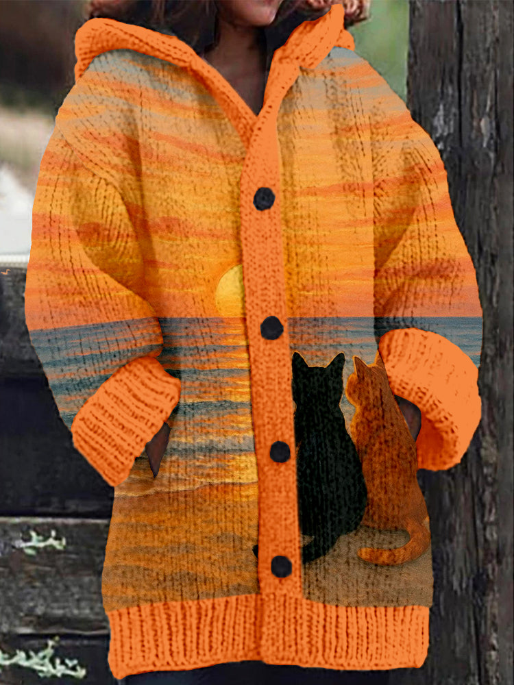 Cute Sunset Cats Pattern Cozy Hooded Knitted Cardigan elevenforest
