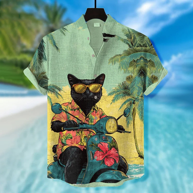 Men's Black Cat Riding Vespa Floral Print Short Sleeve Shirt elevenforest