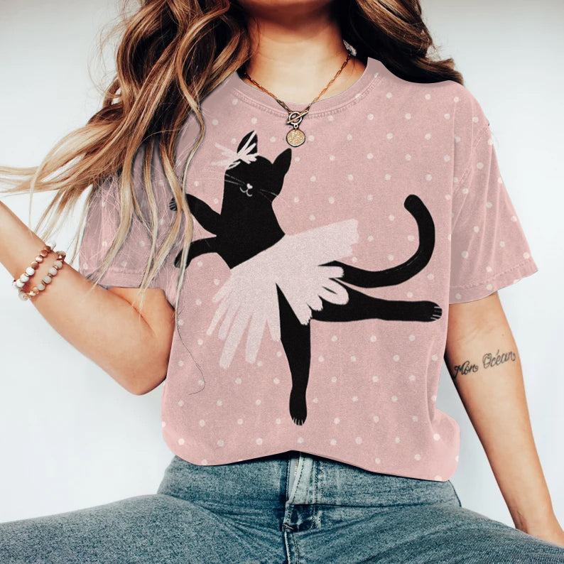 Women‘s Ballet Cats Round Neck Casual T-Shirt elevenforest