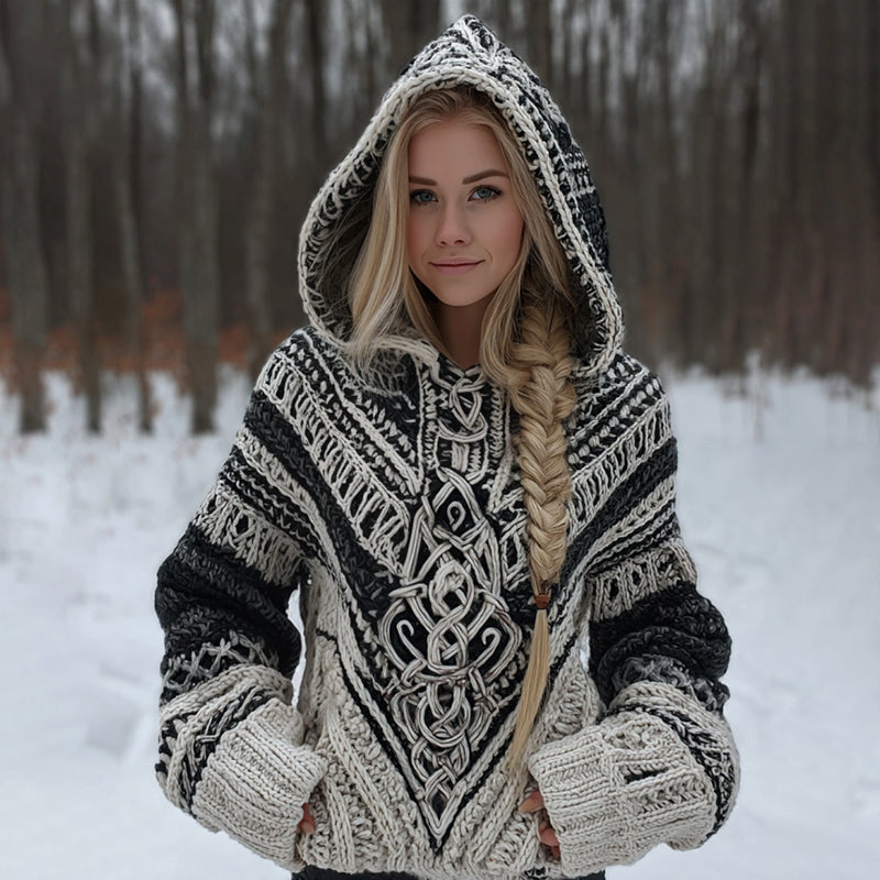 Women's Vintage Viking Celtic Knot Cozy Knit Hooded Sweater artswardrobe