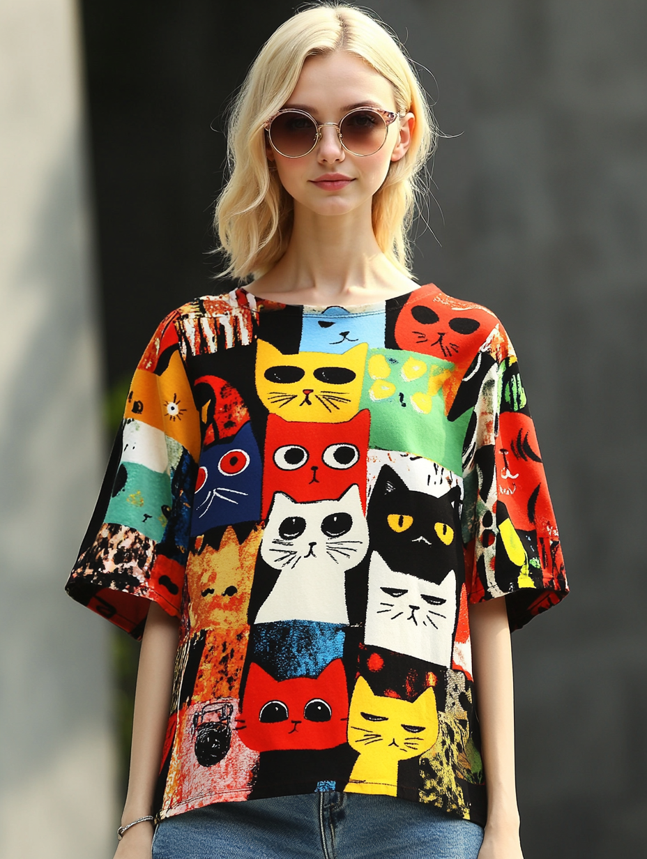 Pop Art Cute Cat Short Sleeve T-shirt elevenforest