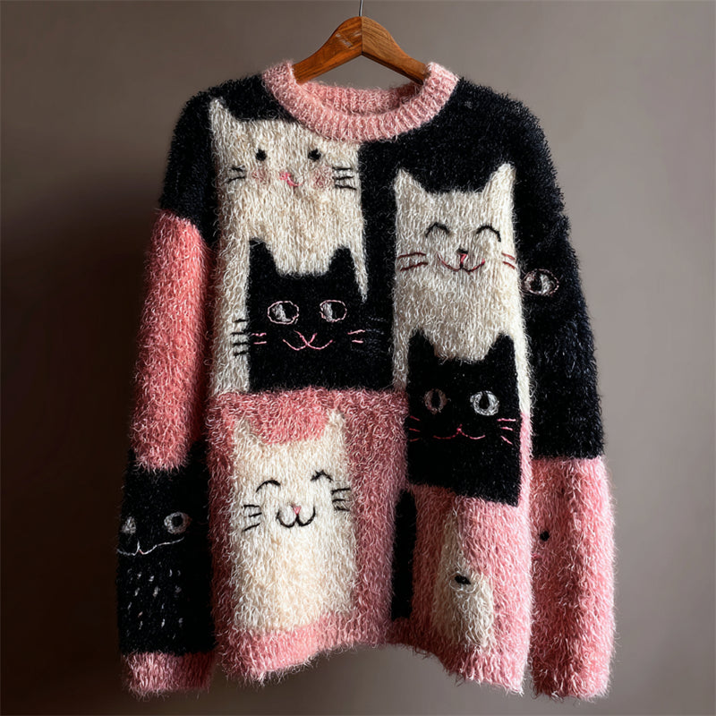 Lovely Cats Colorblock Fuzzy Cozy Knit Sweater elevenforest