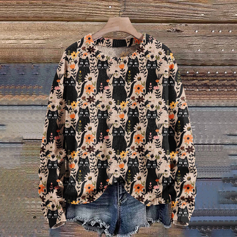 Halloween Black Cat Flower Art Print Knit Pullover Sweater elevenforest
