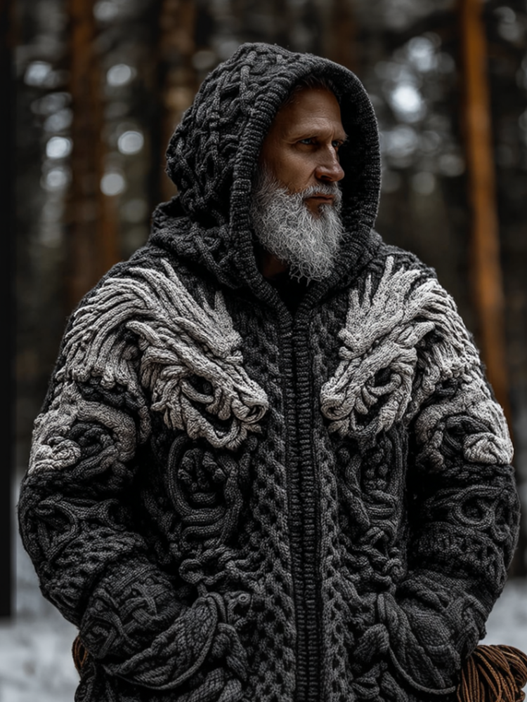 Men's Viking-style Winter Warm Hooded Knitted Sweater Coat artswardrobe