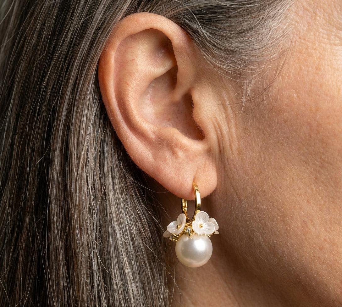 White Flower Cluster Pearl Earrings