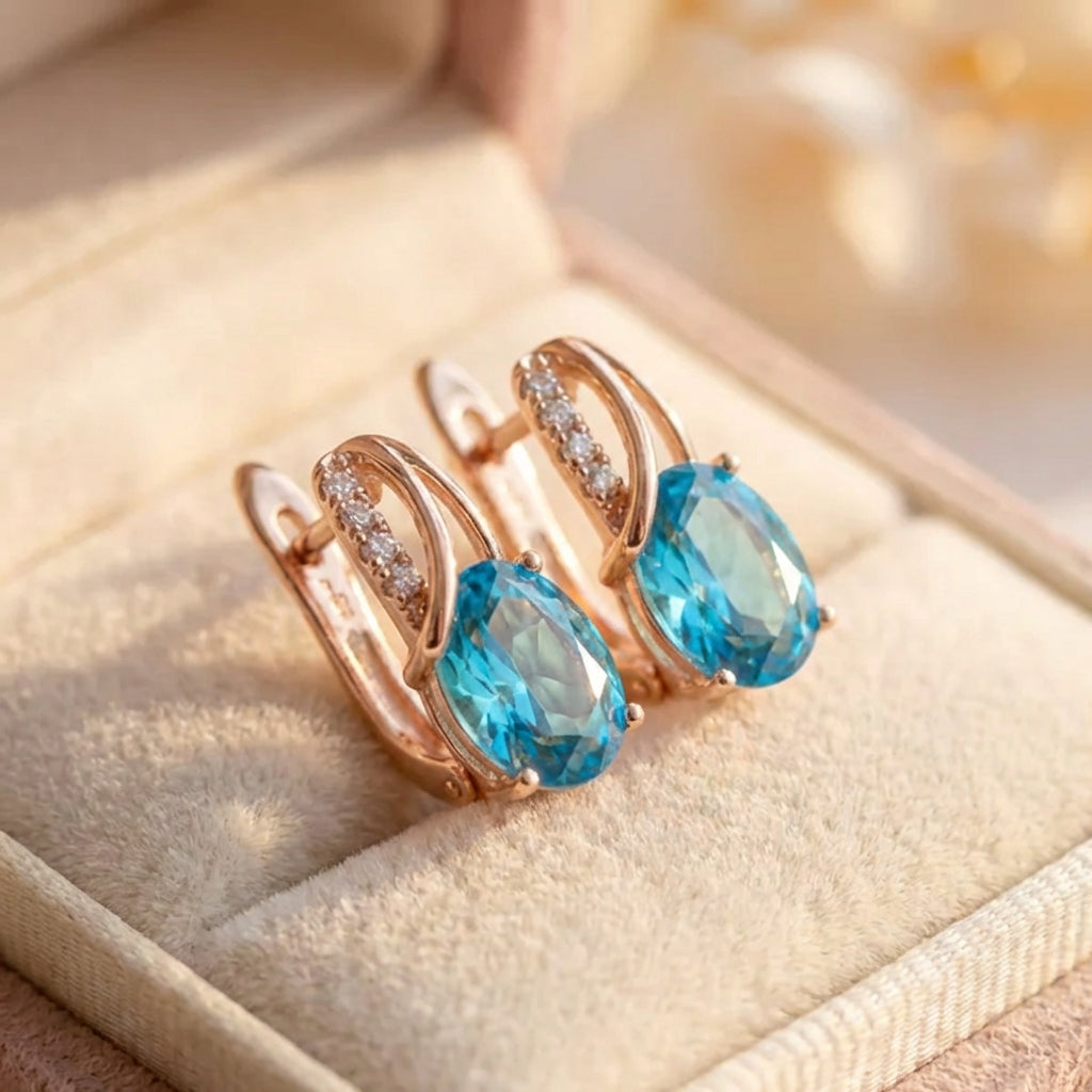 Aqua Blue Zircon Oval Stone Earrings