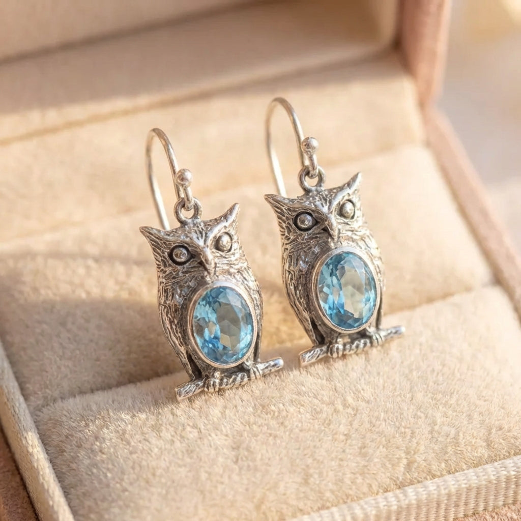 Vintage Carving Owl Silver Earrings