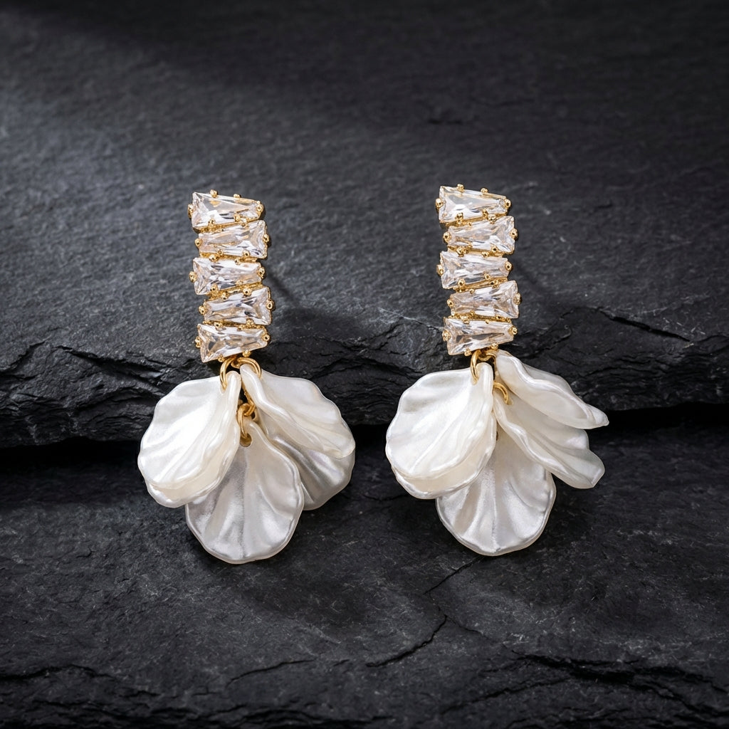 Elegant Gold Petal Earrings In White