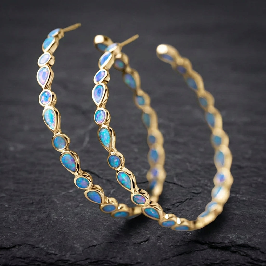 Vintage Blue Opal Gold Earrings