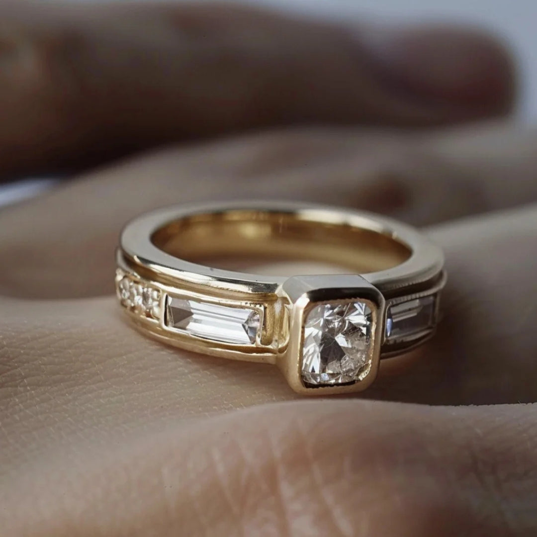 Inlaid White Glass Golden Ring