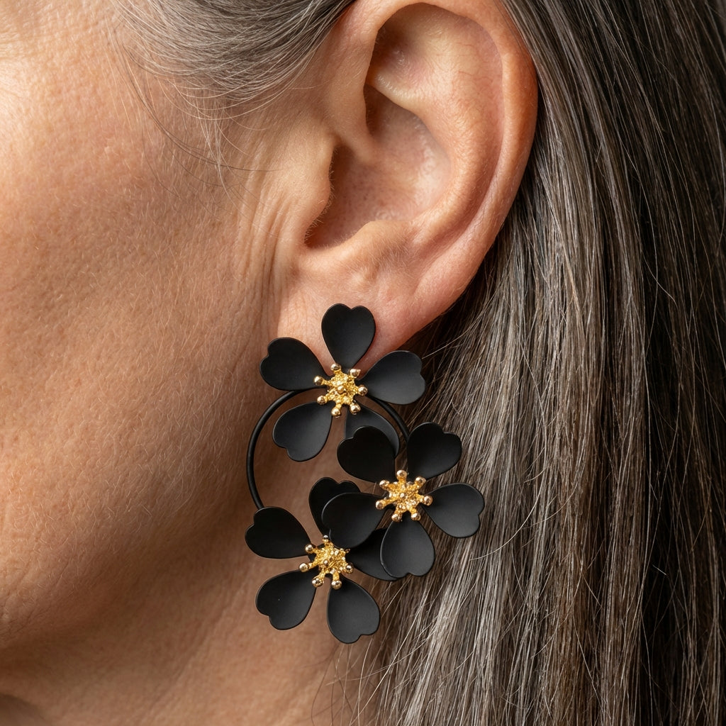 Black Flower Dangling Earrings