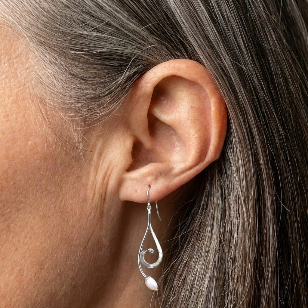 Vintage Dangling Spiral Pearl Silver Earrings
