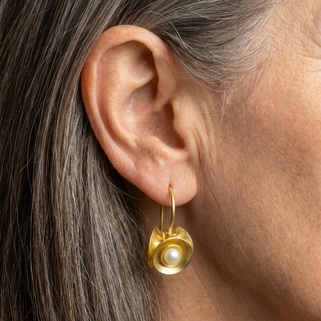 Vintage Golden Inlaid Pearl Blossom Earrings