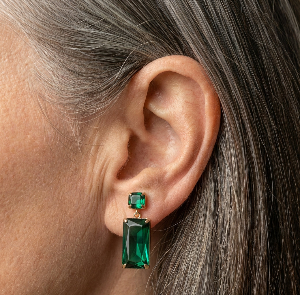 Green Rectangle Crystal Earrings