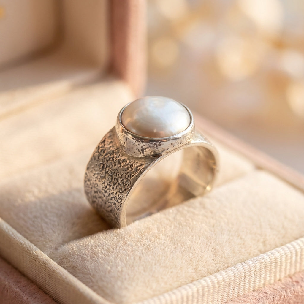 Vintage Inlaid White Pearl Silver Ring