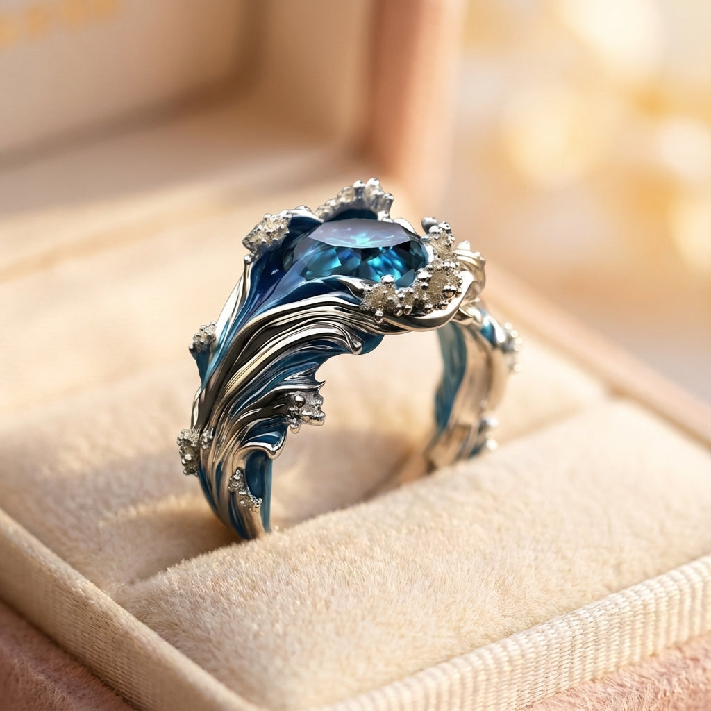Vintage Ocean Wavy Crystal Ring