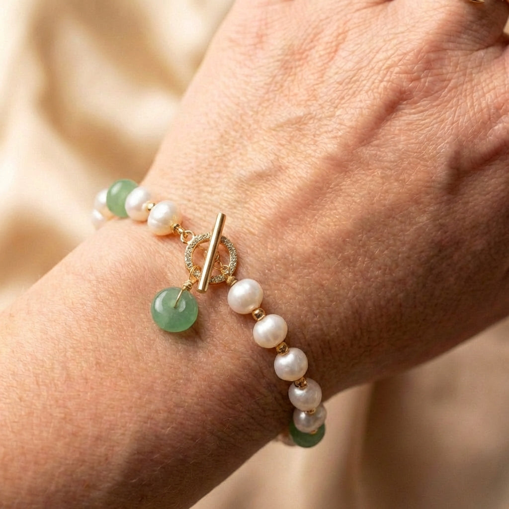 Pearl & Gold Green Gem Bracelet