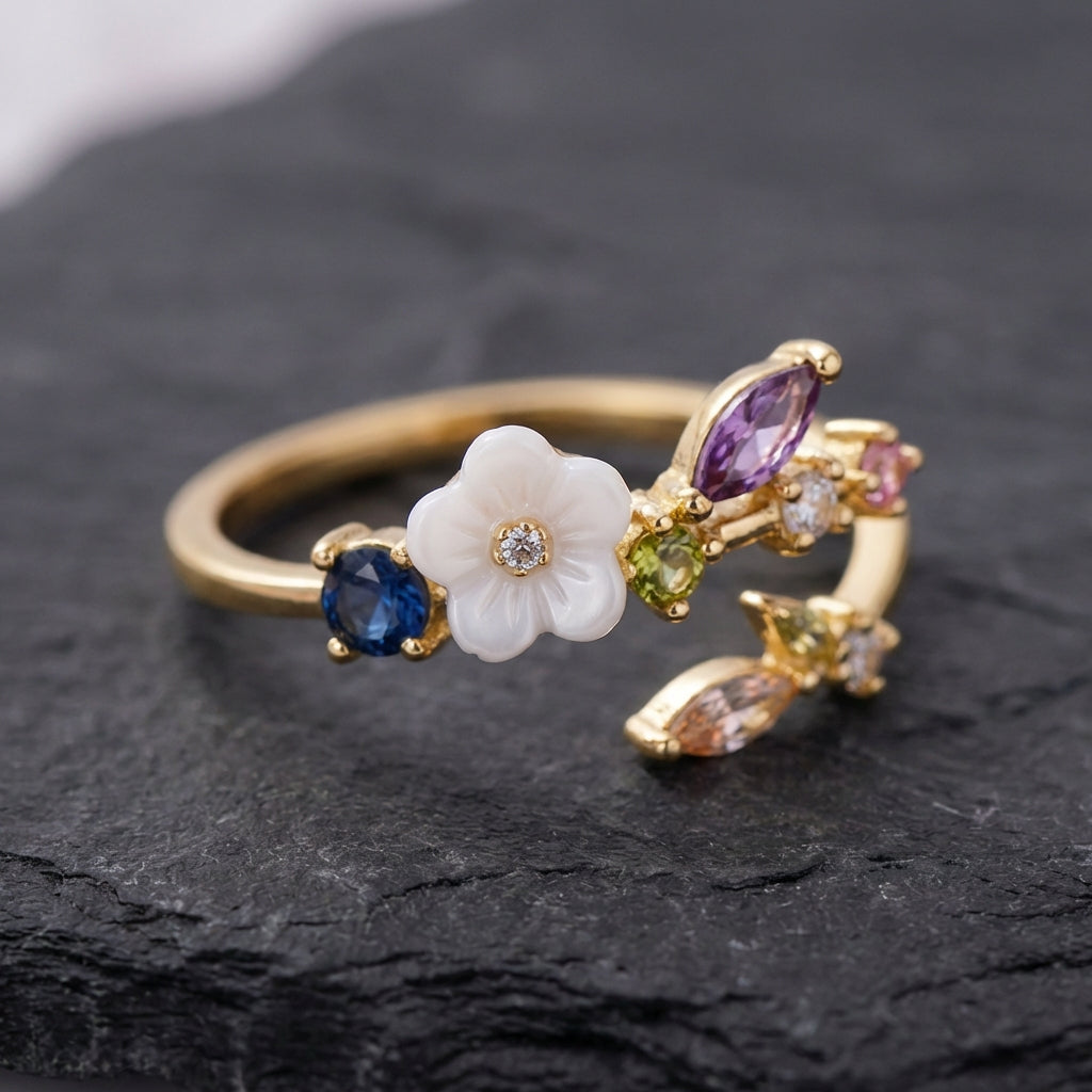 Wildflower With Colorful Zirconia Adjustable Ring In Gold