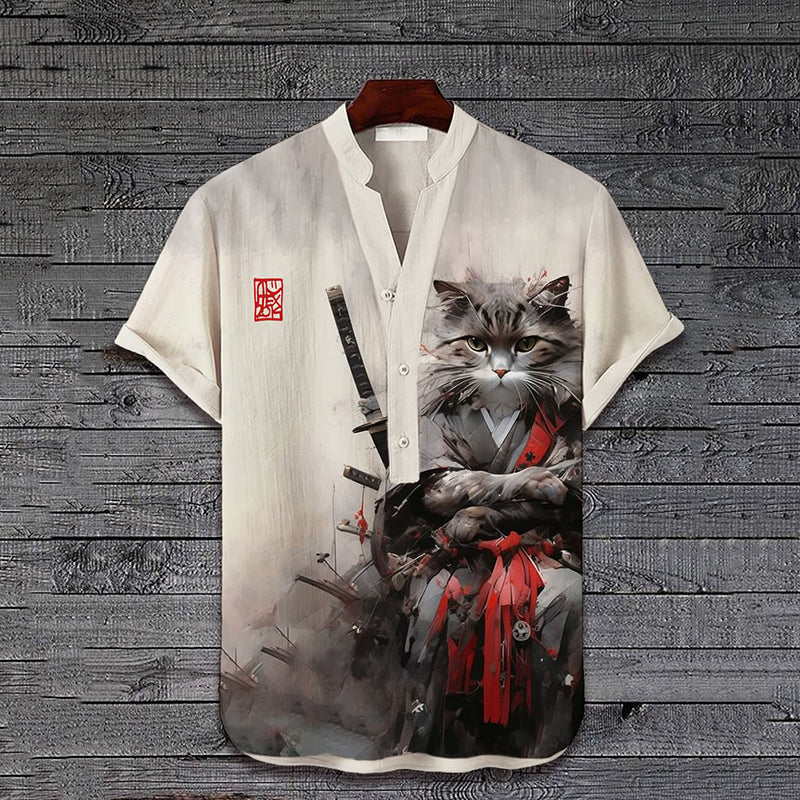Japanese Warrior Cat Art Linen Blend Cozy Shirt elevenforest