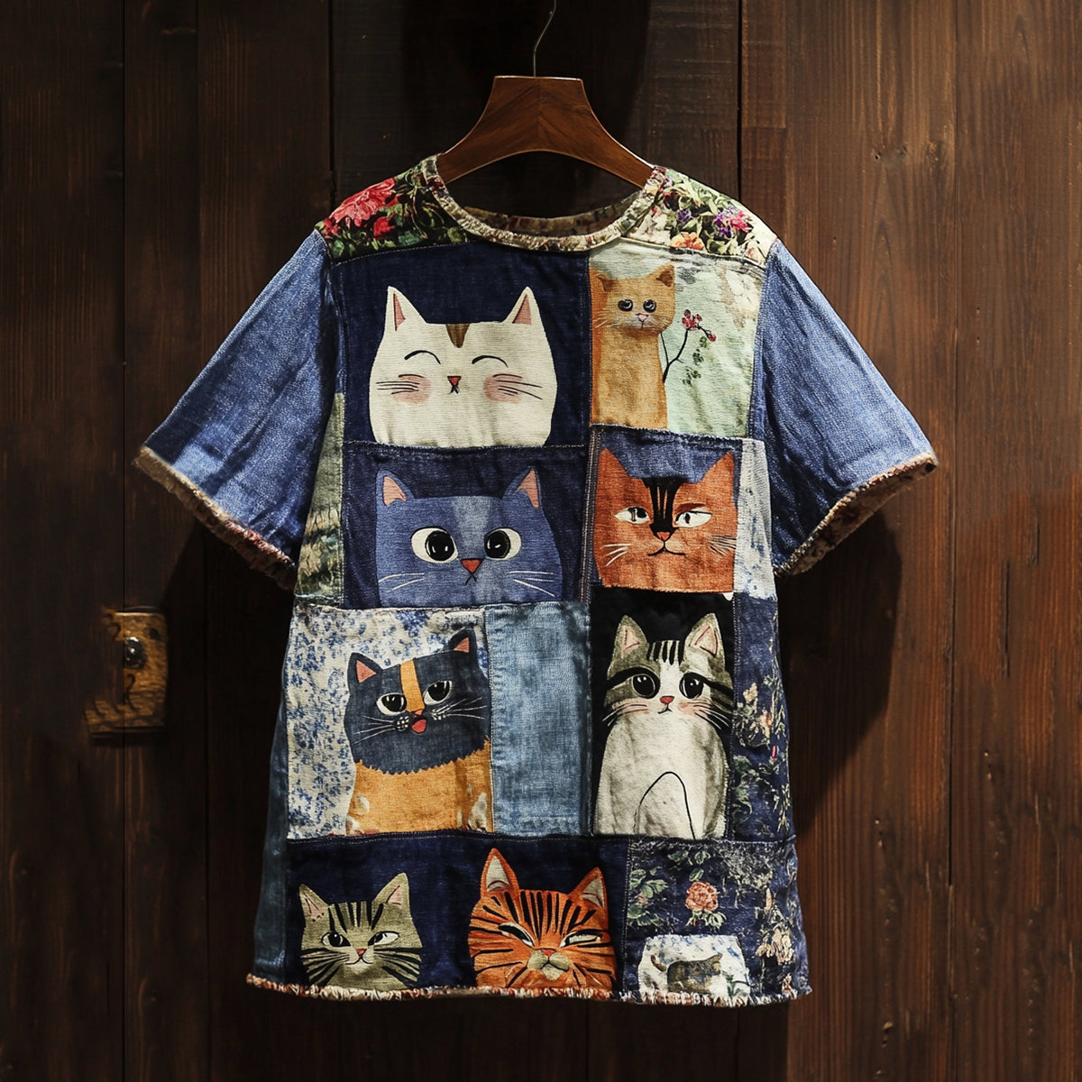Women's Cat Patchwork Print Linen T-shirt elevenforest