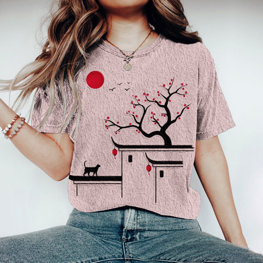 Japanese Cat Sakura Print Vintage Women's T-shirt elevenforest