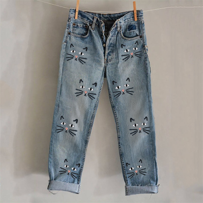 Lovely Cat Faces Embroidery Pattern Washed Jeans elevenforest