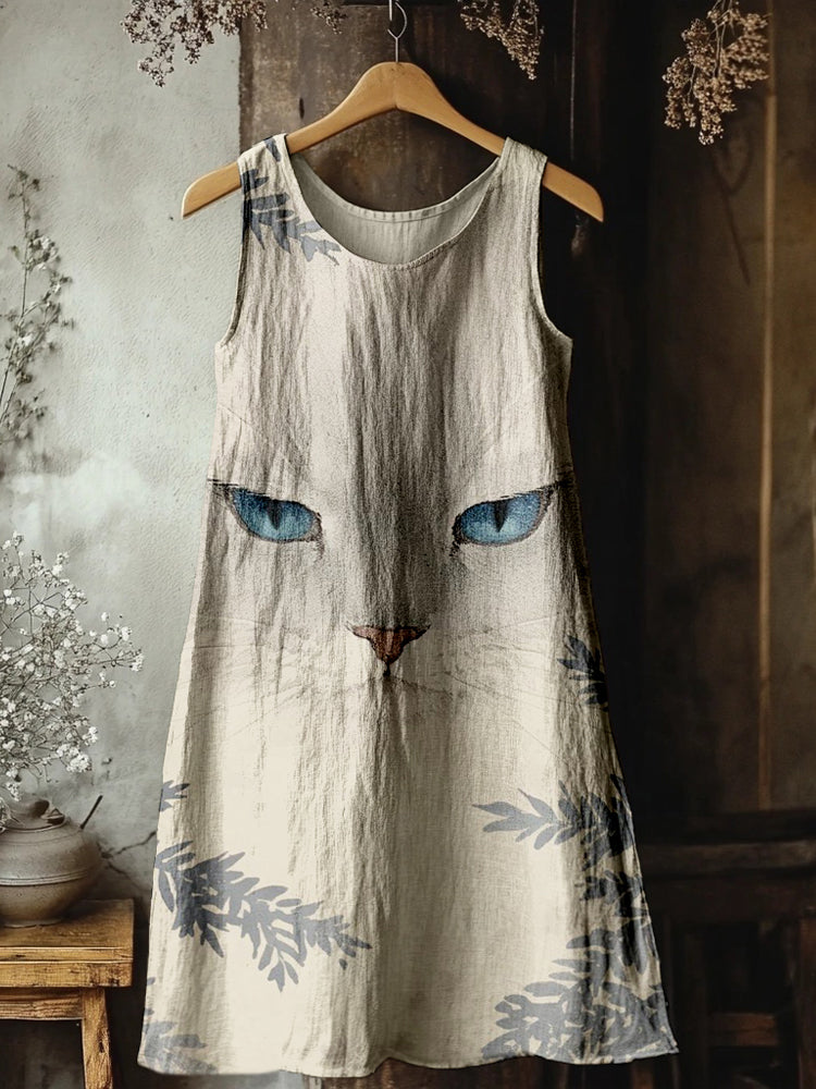 Vintage Cute Cat Print Linen Tank Dress elevenforest