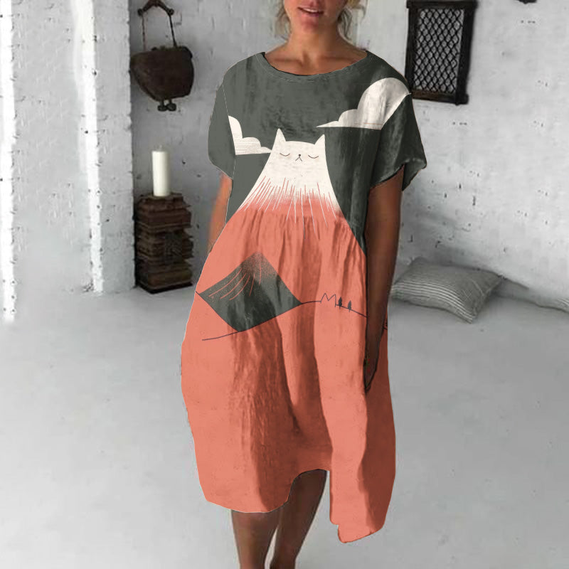 Abstract Creative Cute Mountain Cat Pattern Drawing Print Art Midi Dress elevenforest