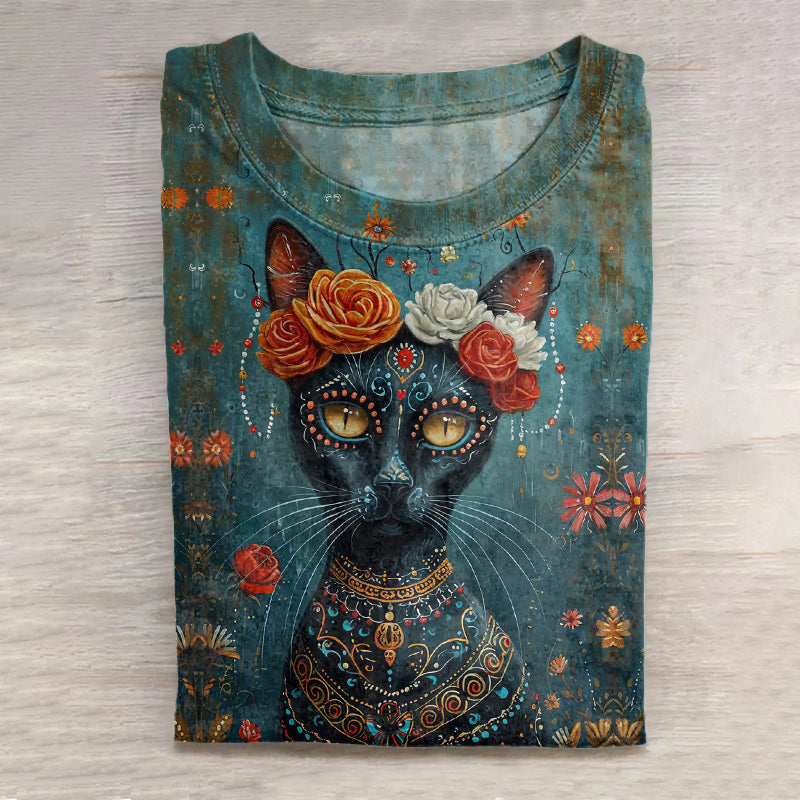 Mexican Day Of The Dead Cat Print T-Shirt elevenforest