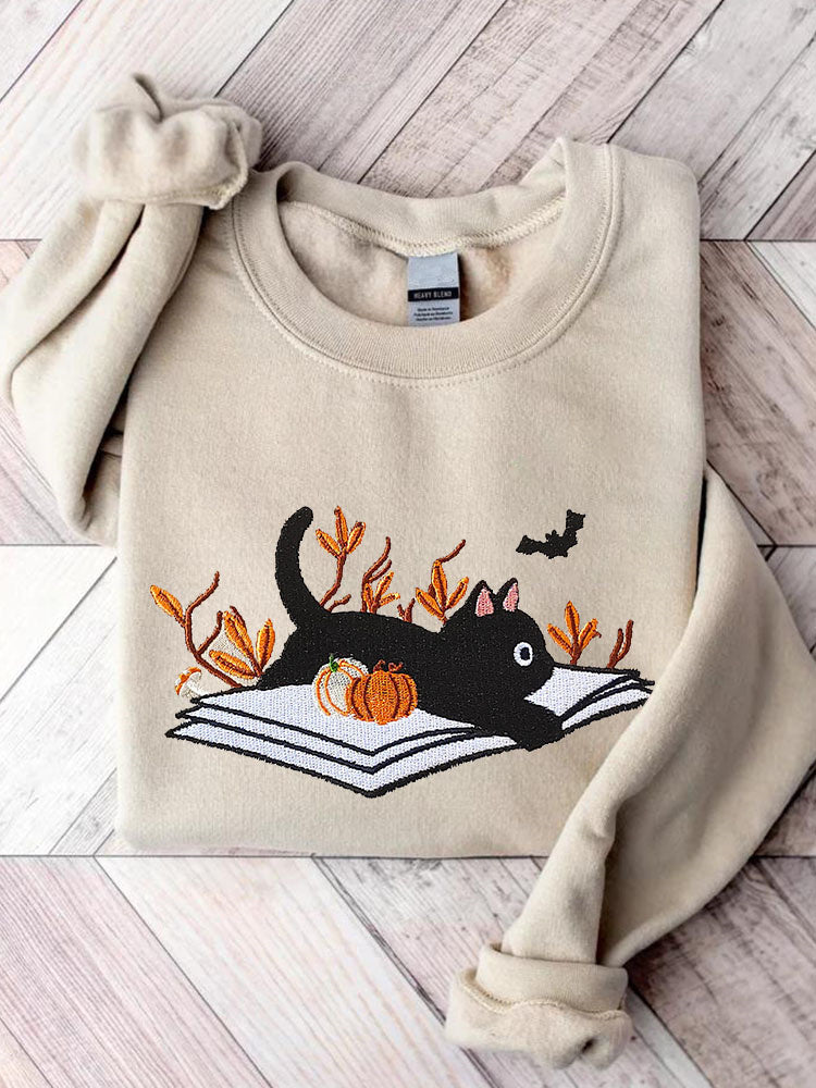 Funny Cat Pumpkin Print Cotton Cozy Sweatshirt elevenforest