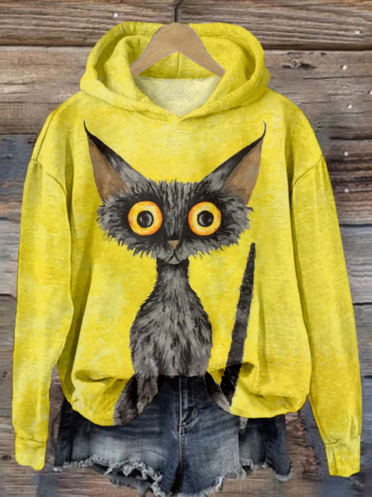 Lovely Black Cat Graphic Vintage Cozy Hoodie elevenforest